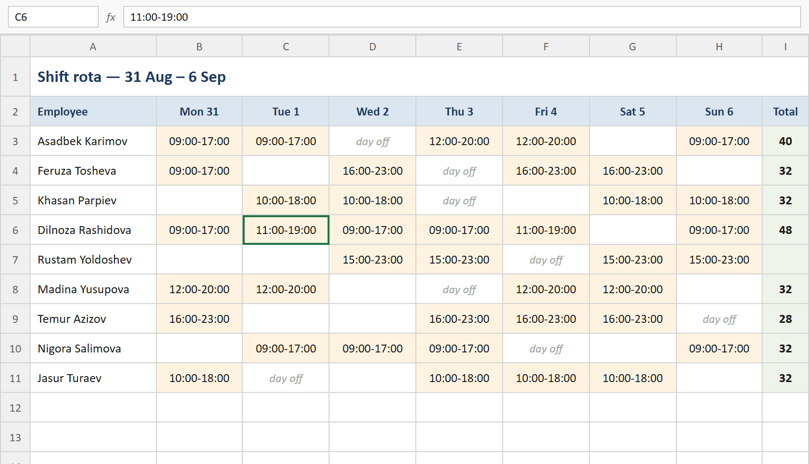 A shift schedule in an Excel spreadsheet